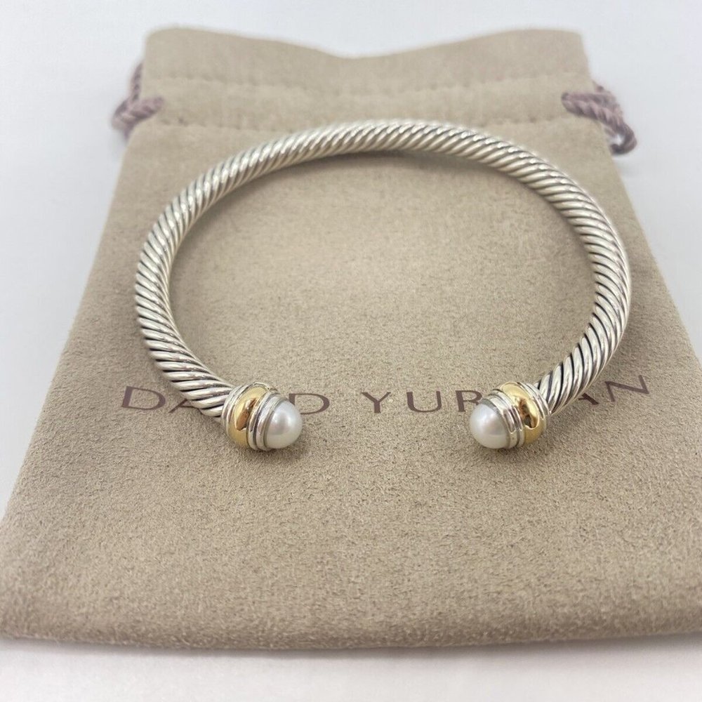 David Yurman Sterling Silver & 14k Gold Pearl 5mm Cable Cuff Bracelet Size Small